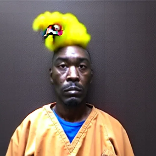 Image similar to inmate with chicken head, mugshot in a police station