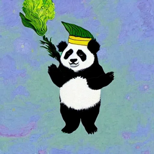 Image similar to cute panda wearing a lettuce hat, robber holding a chandelier, style of van Gogh