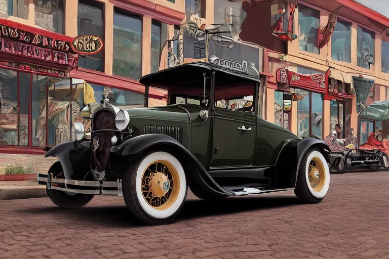 Prompt: a whimsical illustration of a 1 9 3 0 model a ford hot rod driving in a beautiful town square area of a small town, 8 k resolution, lowbrow style, storybook illustration, octane render, detailed painting, by katherine federer, anthony pafford, harry gamboa and tracy flickinger