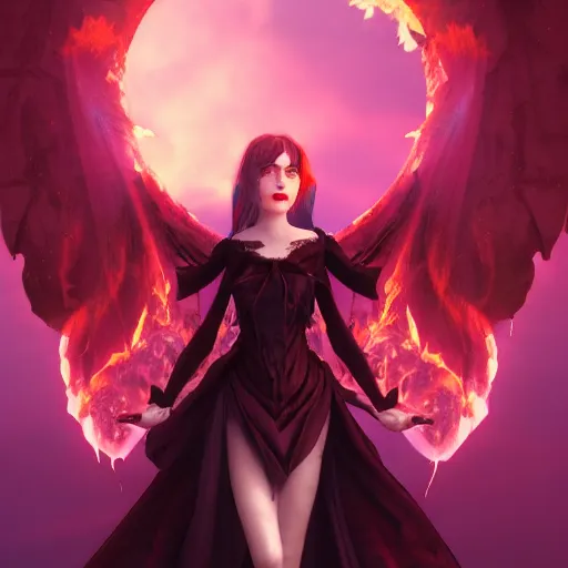 Prompt: young vampire princess witch summons with burning wings 4 k high definition dramatic lighting artstation trending path traced contrast light and dark cinematic breathtaking by dore, gustave