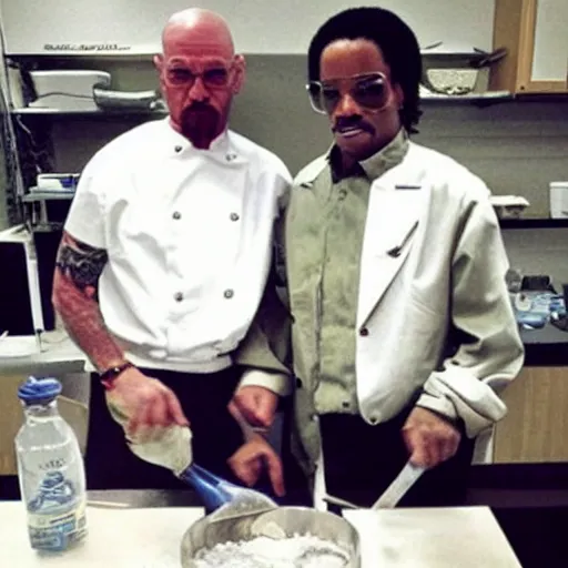 Image similar to Michael Jackson and Walter white cooking in the lab