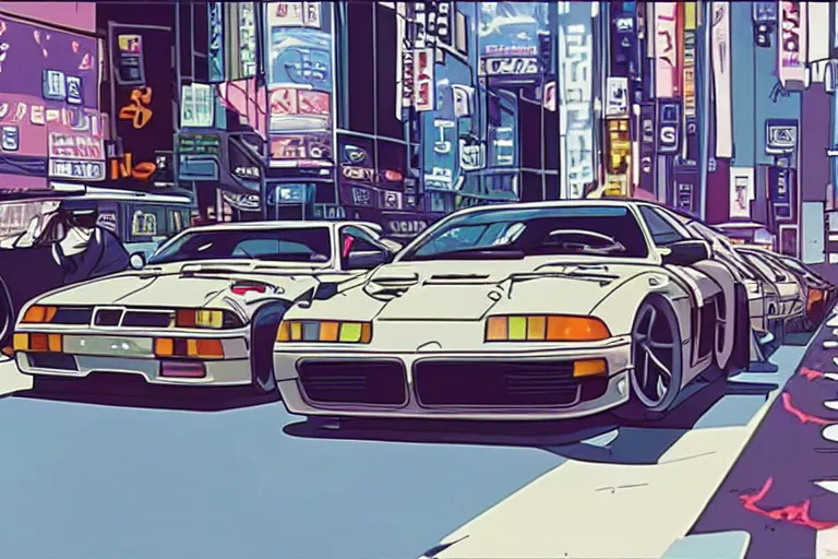 Image similar to vintage archival race footage of a single 1995 Vector W8 Twin Turbo, with elements of the BMW M1, city in anime cyberpunk style by Hayao Miyazaki