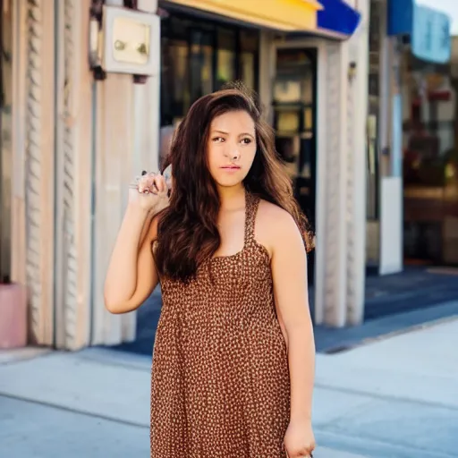 Image similar to photo of a beautiful, attractive brown hair woman, wearing a sundress, in downtown Los Angeles
