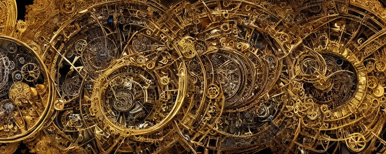 Prompt: intricated layered golden clockwork machine with cogs, super detailed, by karol bak, jean deville, gustav klimt, and vincent van gogh, otherworldly, fractal structures, arcane, clockface, spiral clock, inscribed runes, ornate gilded cosmic machine, spirals, featured on cgsociety, unreal engine