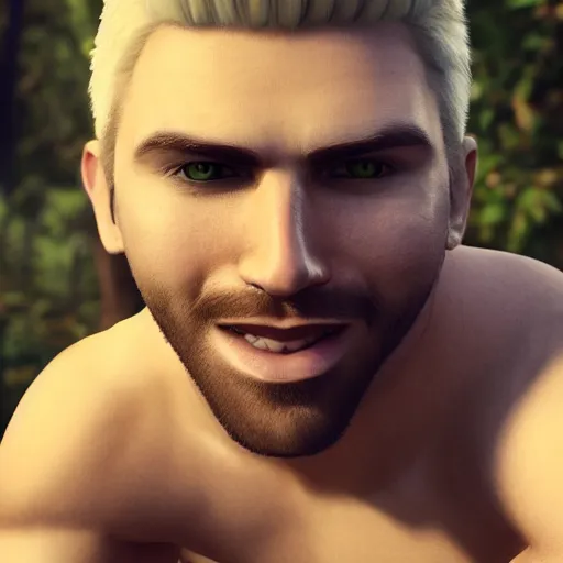 Image similar to attractive strong built irish english man with a chin beard and spiky blonde hair smiling at the camera, unreal engine, character design