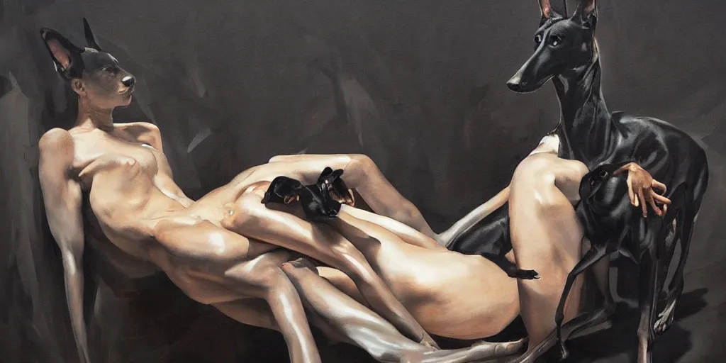Prompt: a woman sitting with a black greyhound in a dark room, dark atmosphere. highly detailed. by jenny saville and jeff simpson