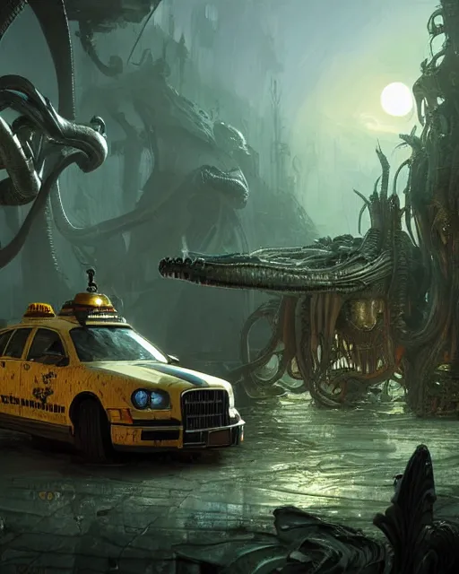 Prompt: xenomorph taxi car in a fantasy village, calming, uplifting mood, ultra realistic, farm, funny, small buildings, highly detailed, epic lighting, illuminated, cinematic, morning, art by eddie mendoza