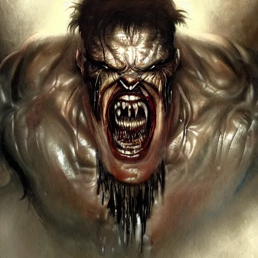 Image similar to Dark Fantasy Painting of a hulking muscular demonic flesh creature with drool dripping from its mouth, creepy, unsettling, horror, upper body, intricate, wild, highly detailed, digital painting, artstation, concept art, smooth, sharp focus, illustration, art by artgerm and greg rutkowski and alphonse mucha