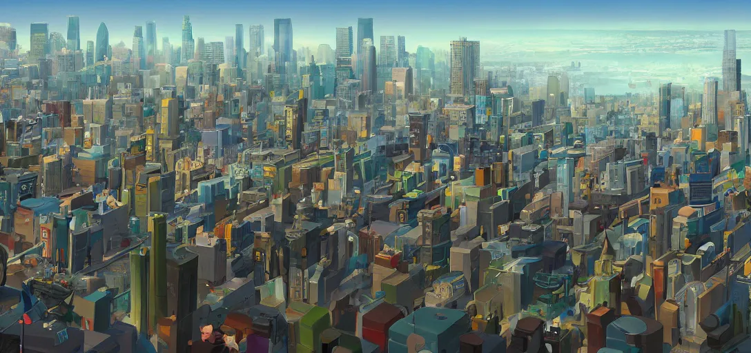 Image similar to visual development los angeles skyline cityscape, by dice tsutsumi, pixar disney dreamworks sony animation, photoshop, the art of books