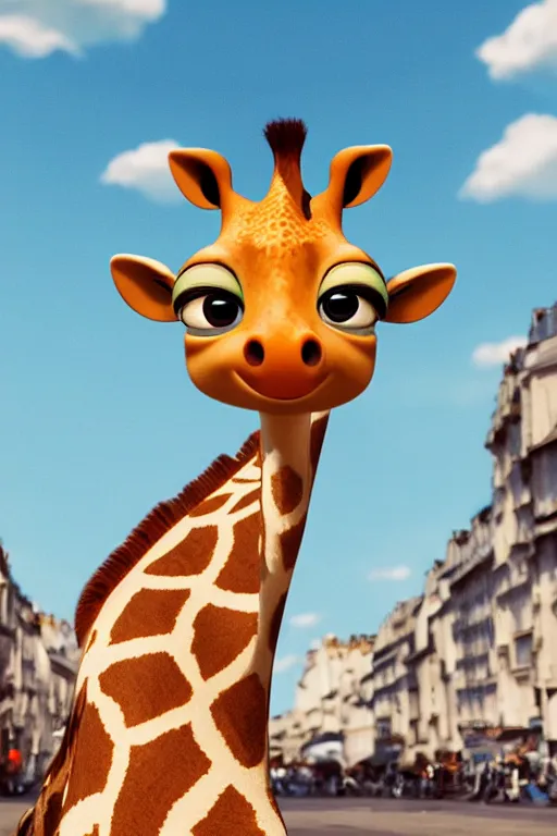 Image similar to a giraffe with big eyes looking for a cup of coffee in beautiful morning café in Paris. Pixar Disney 4K 3d render funny animation movie Oscar winning trending on ArtStation and Behance. Ratatouille style.