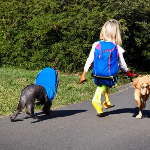 Image similar to a dog is walking a child to school