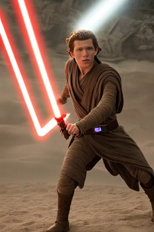 Image similar to tom holland as a jedi in a new star wars film, 3 5 mm photography, highly detailed, cinematic lighting, standing pose, holding lightsaber 4 k