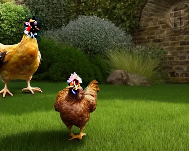 Image similar to ( ( ( peter dinklage riding a chicken ) ) ) ( ( in a green english britanic garden ) ) ( photorealistic, photography, picture, provided by unreal engine, realistic, realism )