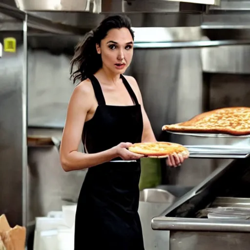 Prompt: Gal Gadot wearing a long black dress and flipping pizza dough in a pizzeria.