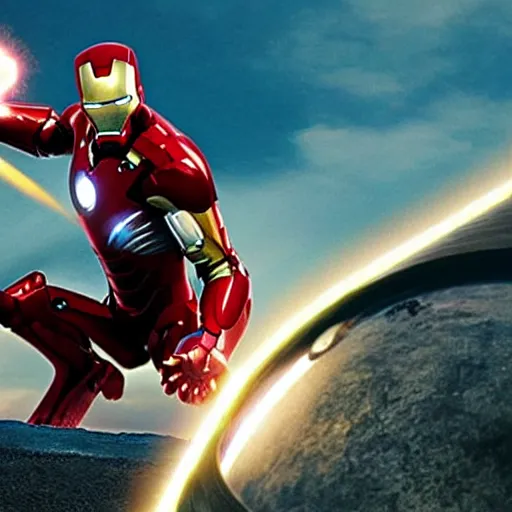 Image similar to an film still of ironman stopping giant rusty ball hit the earth, using both hands, cinematic, heroic scene