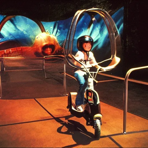 Prompt: 1990s photo of inside the E.T. ride at Universal Studios in Orlando, Florida, riding the flying bike with E.T. , cinematic, UHD