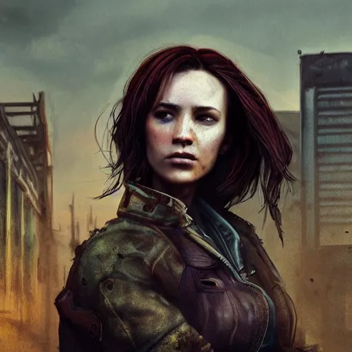 Image similar to fallout 5, charismatic beautiful rugged brunette female protagonist, portrait, outdoors ruined cityscape, atmospheric lighting, painted, intricate, volumetric lighting, beautiful, daytime, sunny, slight overcast weather, sharp focus, deep colours, ultra detailed, by leesha hannigan, ross tran, thierry doizon, kai carpenter, ignacio fernandez rios