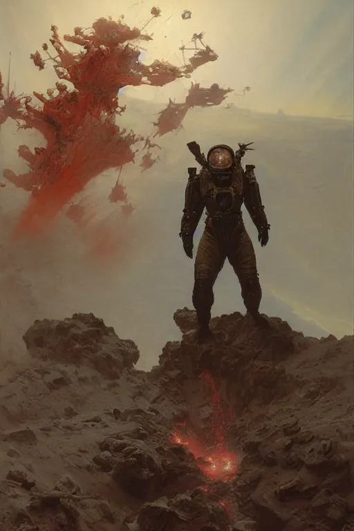 Prompt: a mission to a vulcano on mars, painted by ruan jia, raymond swanland, lawrence alma tadema, zdzislaw beksinski, norman rockwell, jack kirby, tom lovell, alex malveda, greg staples