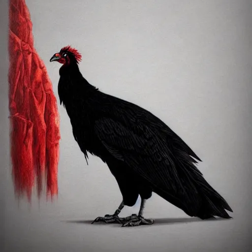 Prompt: a majestic black chicken with royal 'red!!! comb!!!', colored ultra-detailed pen and ink illustration, matte painting, concept art, impossible fine lines, by John Kenn Mortensen