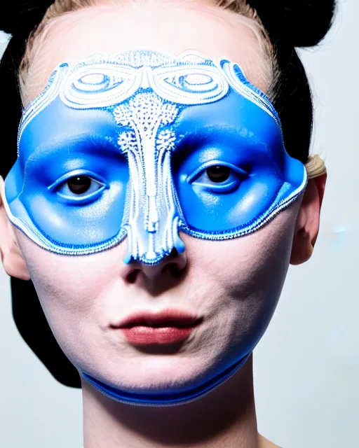 Image similar to symmetrical close - up portrait of a woman wearing a blue silicone embroidered beauty mask and hair buns, wearing a black bodysuit by alexander mcqueen, cream white background, soft light, biotechnology, humanoide robot, bjork aesthetic, translucent, by rineke dijkstra, intricate details, highly detailed, masterpiece,