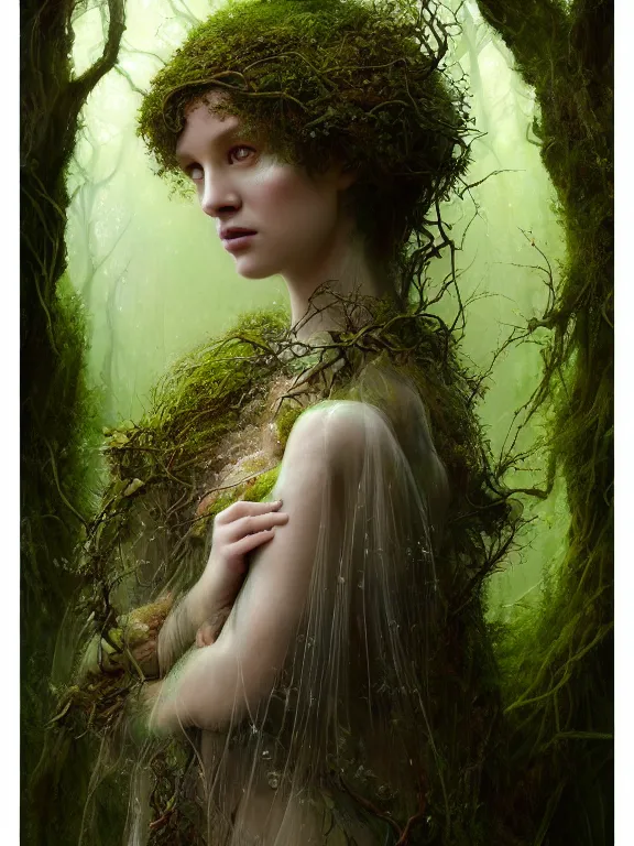 Image similar to Full View Portrait Mystical ethereal woodland deity wearing beautiful dress, Oak Dryad made of vines tree bark moss beautiful dress, 4k digital masterpiece by Greg Rutkowski and Ruan Jia and Tom bagshaw, Alberto Seveso, fantasycore, Hyperdetailed, realistic oil on linen, soft lighting, kush background, featured on Artstation, textured, stylized, intricate details