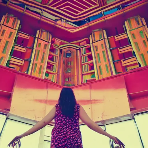 Image similar to giant flower head, frontal, girl standing in mid century hotel, surreal, symmetry, bright colors, cinematic, wes anderson