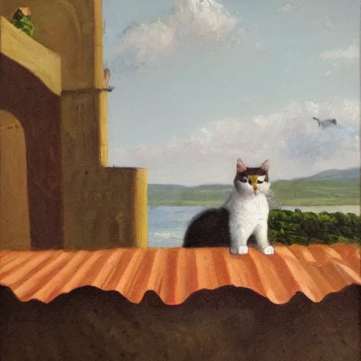 Image similar to the cat is sitting on the roof and looking at the bay and the fortress, oil painting