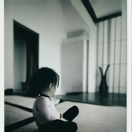 Image similar to a baby girl sitting in a living room designed by yohji yamamoto, polaroid