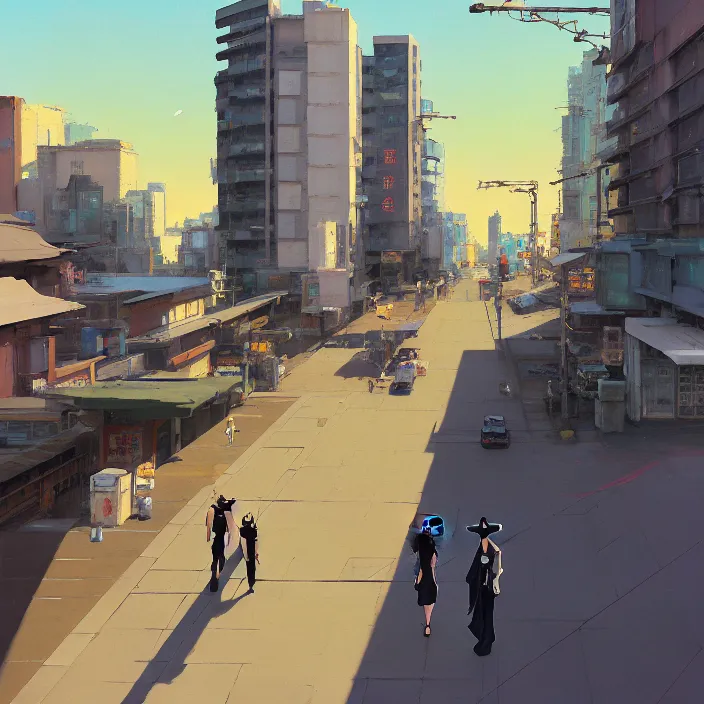 Image similar to front view painting of a stone railing urban japanese city in the background in the style of cowboy bebop, anime style, minimal details, calm, sunny day, bright, artwork by jeremy lipkin and giuseppe dangelico pino and michael garmash and rob rey and greg manchess and huang guangjian and makoto shinkai, sharp edges, simple form, 1 0 0 mm