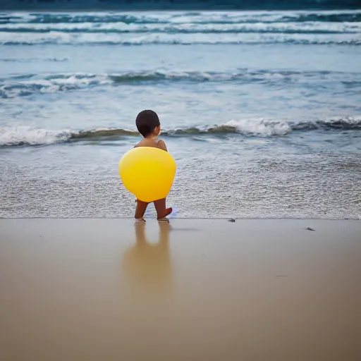 Image similar to a little boy on the beach, yellow floaties, XF IQ4, f/1.4, ISO 200, 1/160s, 8K, RAW, unedited, symmetrical balance, in-frame