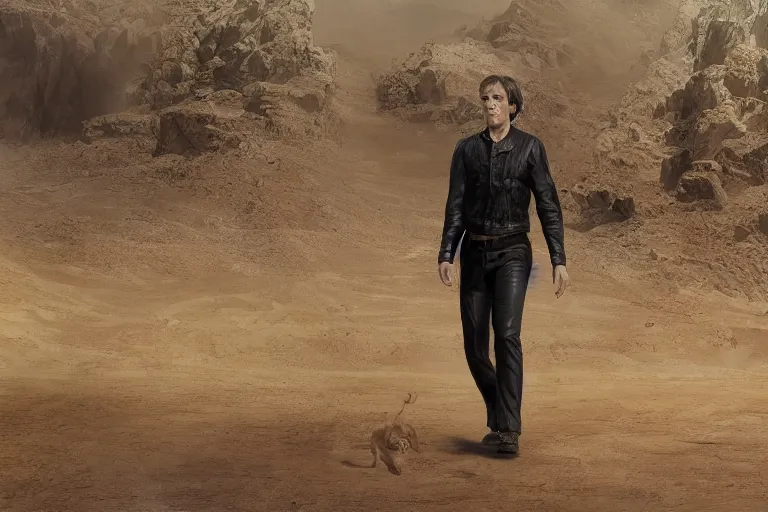 Prompt: Picture of a single wanderer in black and brown leather clothes, wandering the desert landscape, full of wonders, portrayed by Bob Odenkirk, beautiful, walking towards you, realistic, low fantasy, extremely detailed, trending on artstation, artstationHD, artstationHQ, cgsociety, HD, 8K, Cinema quality, award winning shot, cinematic, no extra characters