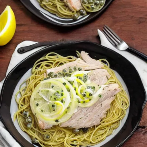 Image similar to photograph of Chicken Piccata with angel hair noodles, lemons, creamy sauce and capers from Cheesecake Factory