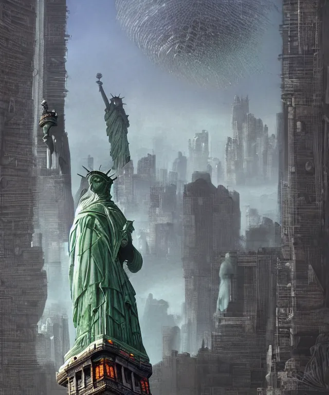 Image similar to highly detailed digital matte painting of a Lady Liberty statue taken back by nature Full shot. By Raphael LaCoste and Ruan Jia and Robert McCall, postcyberpunk, geodesic dome, hyperdetailed, sunrise, wide shot, autochrome, octane render