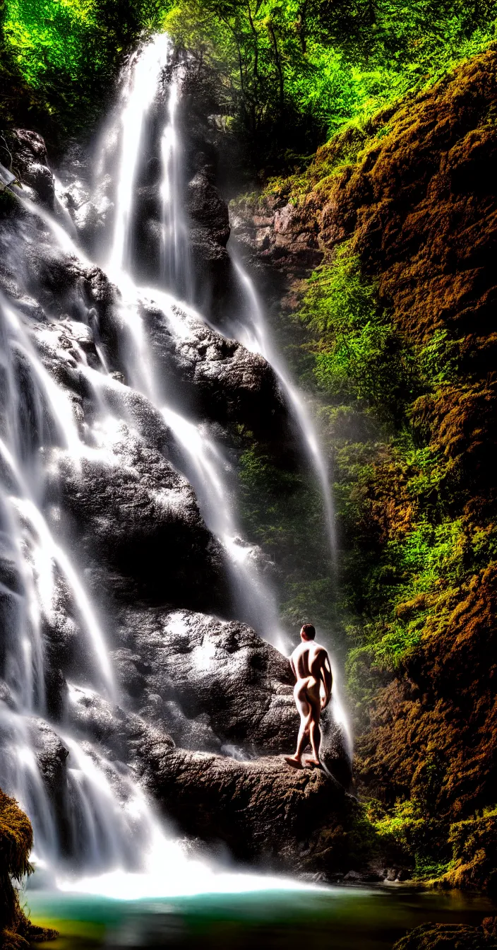 Prompt: highly detailed wide angle profesional photo of a man bathing in waterfall from mountains at the time of evening, award winning photography, vibrant cool colors, art by greg rutsowski, concept art, 8 k detail post - processing