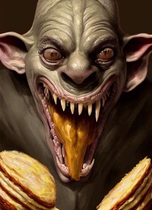 Prompt: profile face portrait of a medieval goblin eating cakes in the cloisters, beautiful face, hyper realistic, highly detailed, digital painting, artstation, illustration, concept art by hyung tae and frank frazetta, digital paint, matte paint, washed colors, dark, gloomy