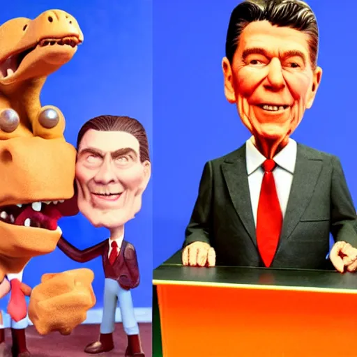 Prompt: claymation ronald reagan vs dinosaur