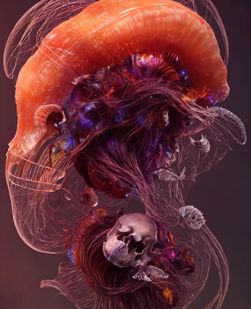 Image similar to goddess close-up portrait goat skull. jellyfish phoenix head, nautilus, orchid, skull, betta fish, bioluminiscent creatures, intricate artwork by Tooth Wu and wlop and beeple. octane render, trending on artstation, greg rutkowski very coherent symmetrical artwork. cinematic, hyper realism, high detail, octane render, 8k