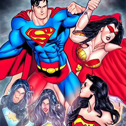 Image similar to superman surrounded by his superheroine harem, drawn by artgerm