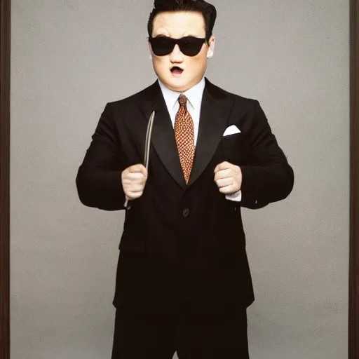 Prompt: psy as patrick bateman, studio portrait