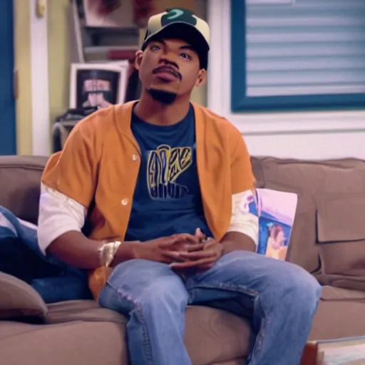 Image similar to a tv still of Chance The Rapper starring as a college student in a 1998 sitcom, 40mm lens