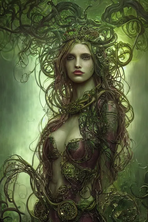 Prompt: a beautiful young woman, Vraska golgari queen, long flowing medusa hair, mostly green and brown leather pirate armor, young female face, vine like plants and jungle background, cinematic top lighting, insanely detailed and intricate, face by wlop, Charlie Bowater, golden ratio, symmetric, elegant, ornate, luxury, elite, matte painting, MTG, magic the gatheing, cinematic, cgsociety, 8k, high resolution