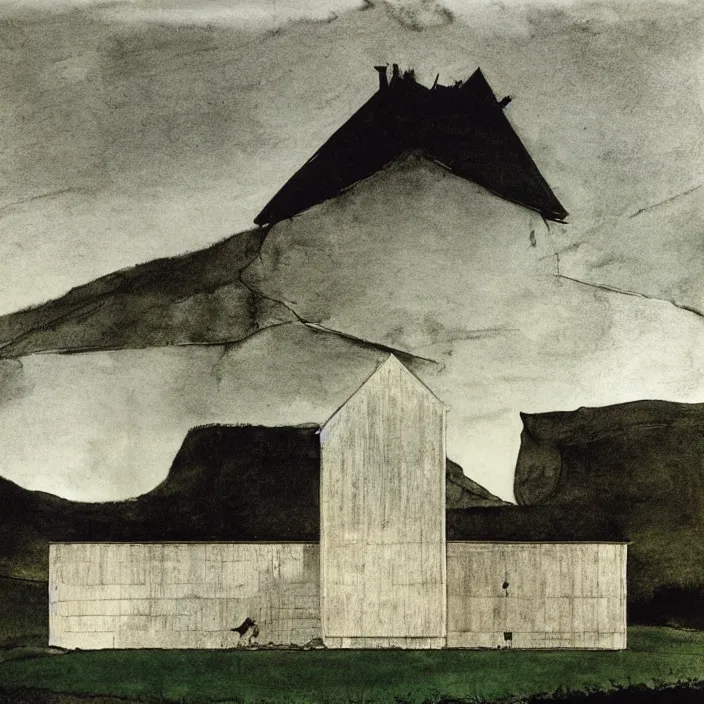 Image similar to a building in a landscape, by andrew wyeth