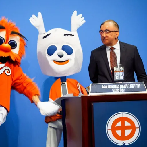 Prompt: Gritty the Philadelphia Flyers mascot delivering a speech at the United Nations