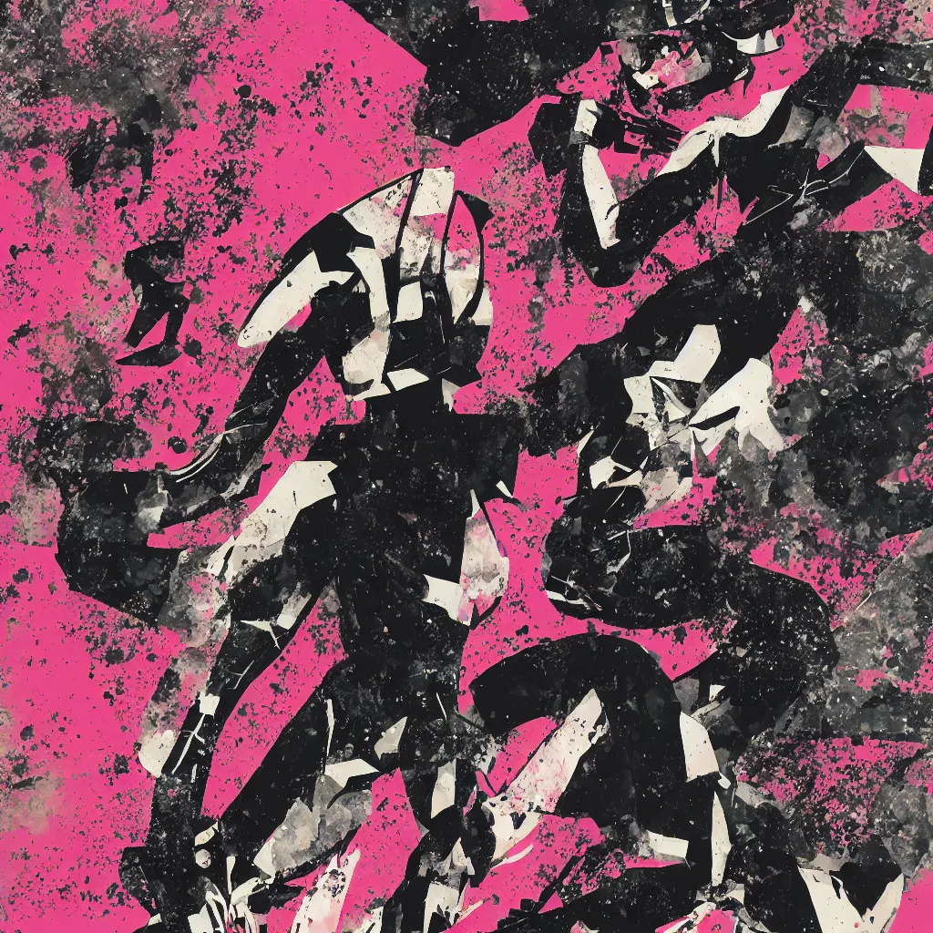 Image similar to girl figure, abstract, jet set radio artwork, ryuta ueda artwork, cryptic, rips, spots, asymmetry, stipple, lines, glitches, color tearing, pitch bending, stripes, dark, ominous, eerie, hearts, minimal, points, otomo katsuhiro artwork, technical, natsumi mukai artwrok, folds