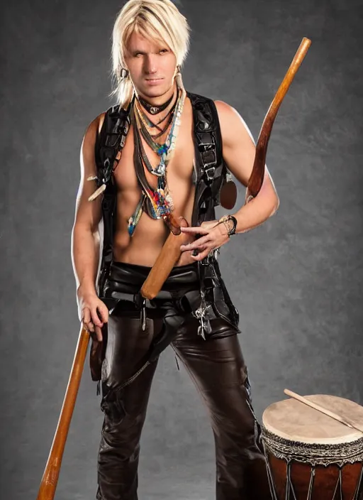 Image similar to a male ranger with a bongo drum and nunchucks,, dnd, wearing a leather vest and white linen pants, chiseled good looks, long swept back blond hair, puka shell necklace, digital art