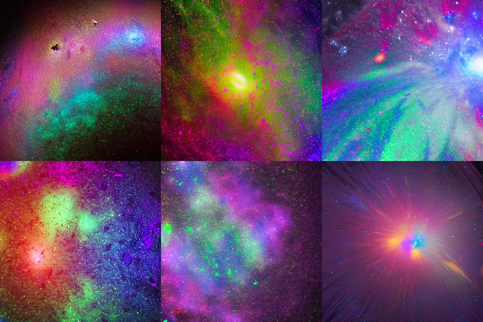 Prompt: Particles of iridescent, multi-colored goo spreading across the galaxy microphotography 8k