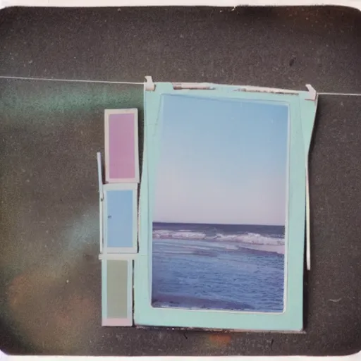 Image similar to a pastel colour Polaroid photo from a holiday album at a seaside, all objects made of transparent iridescent Perspex no people, nostalgic