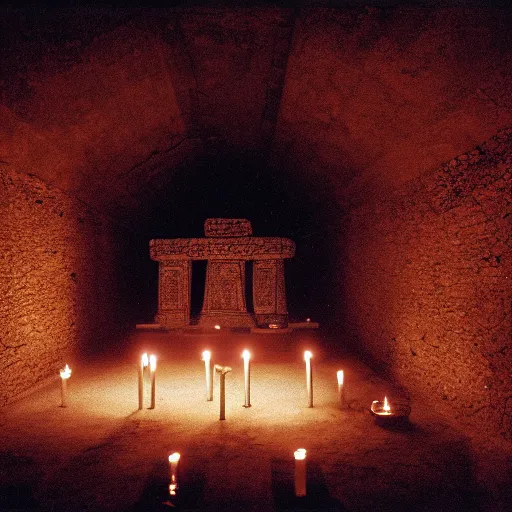 Prompt: film photography film photography, inside an Aztec temple, at night, lit with candles, Leica M6, cinestill 800, Noctilux 50mm