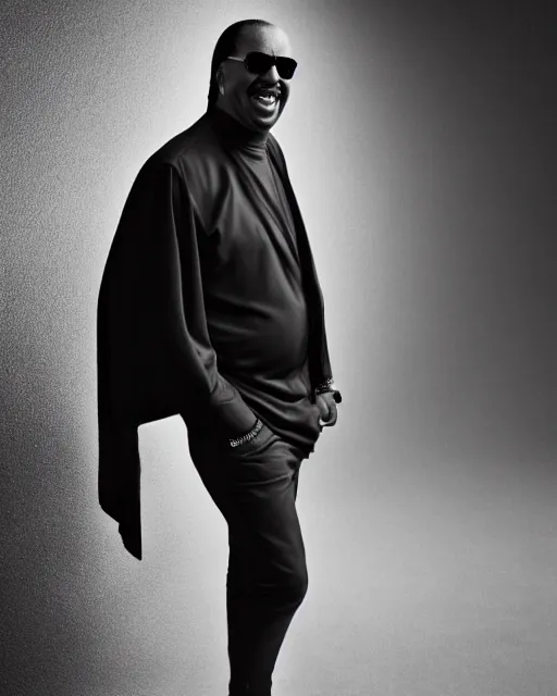 Image similar to Fully-clothed full-body candid portrait of Stevie Wonder, Canon EOS R5, 50mm, F1.4, black background, dark studio lighting, professional, 8K