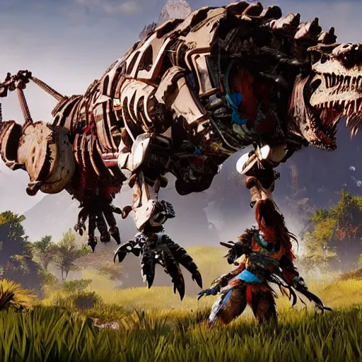 Image similar to gameplay of horizon zero dawn, mech tyrannosaurus rex, highly detailed